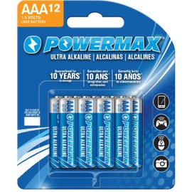 Powermax 12-Count Triple AAA Batteries, Ultra Long Lasting Alkaline Battery Blister Pack for Home and Office, 10-Year Shelf Life