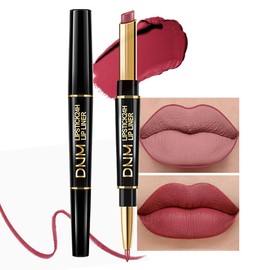 2 in 1 Mauve Red Matte Lip Liner & Lipstick Combination, DNM Metallic Dual Ended Lipstick, Lip Liner, Lip Gloss, 24 Hour all Day Long-Lasting Waterproof Lipliners Pen for Women Lip Makeup Gift Set13#