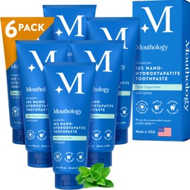 Mouthology 10% Nano Hydroxyapatite Toothpaste 6 Packs (Fluoride Free), Natural, Remineralizing, Whitening, Sensitive Teeth, SLS Free, Xylitol Nano-Hydroxyapatite Toothpaste, Mint 4oz (USA Made)