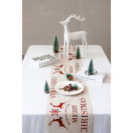 IBLUELOVER Merry Christmas Reindeer Table Cover Classic Xmas Table Runner Tree Elk Table Cloth Red Linen Festival Home Table Flag Dinner New Year Party Supplies Table Decor
