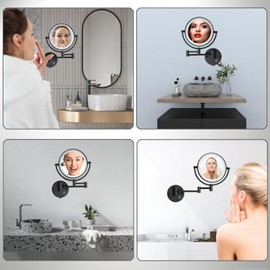 RECKODOR Rechargeable Bathroom Makeup Mirror with Light Wall Mounted, Brass 1/5X 2 Sided Magnifying Mirror with Extension Swing Arm, Touch Dimmable 360 Rotation Foldable Led Vanity Mirror, Matte Black