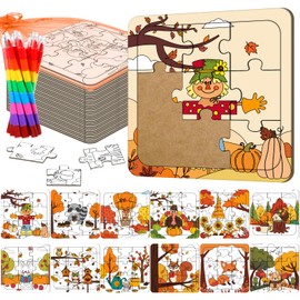 Fullhawl 12 Sets Fall Puzzles Color Your Own Puzzles DIY Jigsaw Crafts with 12 Stackable Crayons and 12 Bags for Learning Education Toys Gifts Prizes Birthday Party Supplies(12, Fall)