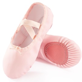 TRIPLE DEER Ballet Shoes for Girls, Lace-Up PU Dance Practice Slippers Split Soft Leather Flat Sole Yoga Gymnastics Shoes Ballet Pink (Toddler/Little/Big Kid)