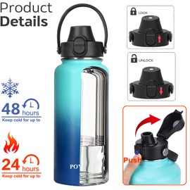 Water Bottle Insulated 32oz 40oz 64oz 128oz Straw Lid Spout Lid & 3 Lids, Leak Proof, Vacuum Insulated,Stainless Steel Water Bottle Wide Mouth for Sports, Gym or Office (Pacific Prince, 32 oz)