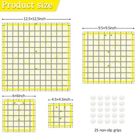 Quilting Rulers, Acrylic Quilt Ruler,4 Square Fabric Cutting Ruler (4.5"X4.5", 6"X6", 9.5"X9.5", 12.5"X12.5"), Quilting Templates with Non Slip Rings. (Yellow)