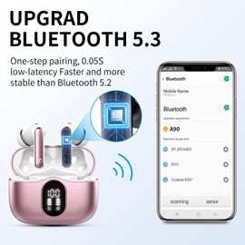 Wireless Earbuds, Bluetooth Headphones 5.3 HiFi Stereo, Wireless Earphones with ENC Noise Cancelling Mic, IP7 Waterproof in Ear Wireless Headphones, LED Digital Display Ear Buds, Rose Gold(2024)