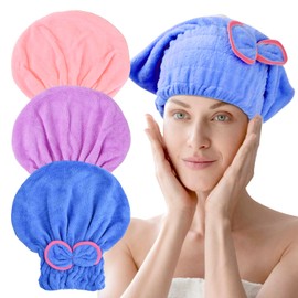Aomhrek Pack of 3 Coral Fleece Microfibre Hair Towels, Strong Water Absorption Hair Turban, Soft and Comfortable Hair Towel, Hair Towel Pink, Blue and Purple