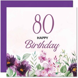 80th Birthday Card for Men women - Purple Floral Birthday Card for 80 Year old Woman Ladies Grandma Nan Mum Aunt Nan Friend Sister Eighty Eightieth Nanny