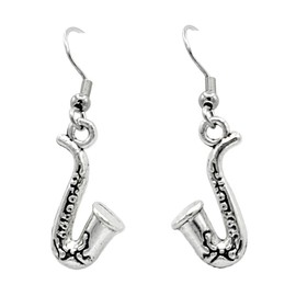 Musical - 3/D Saxophone - 21x17mm - Silver alloy charm dangle earrings. Hypoallergenic Stainless-Steel Fishhook or Ball-Post. Silver Plated Ball-Post, or Silver Tone Clip-on Earrings Optional