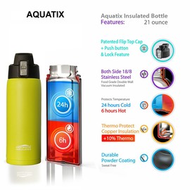 Aquatix (Vapor Lime, 21 Ounce) Yellow Light Green Pure Stainless Steel Double Wall Vacuum Insulated Sports Water Bottle with Convenient Flip Top - Keeps Drinks Cold for 24 Hours, Hot for 6 Hours
