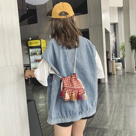 Aewob Crossbody Bags for Women Boho Small Drawstring Bucket Bag with Tassels - Red