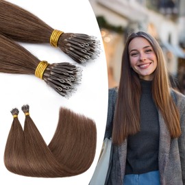 S-noilite Nano Hair Extensions Real Human Hair Medium Brown - Nano Beads Hair Extensions 50 Strands 35g I Tip Cold Fusion 20 Inch Invisible Nano Ring