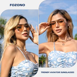Fozono Retro Trendy Aviator Sunglasses Womens Mens Large Oversized Square Sun Glasses Metal Rimless Frame Shades FZN904 (Gold/Light Brown)