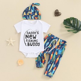 Youweixiong Newborn Baby Boy Girl Summer Clothes Short Sleeve Daddy's New Fishing Buddy Top Fish Pants Hat 3Pcs Coming Home Outfit (Navy Blue, 12-18 Months)