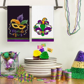 Qilerongrong Mardi Gras Kitchen Dish Towels, Fleur De Lis Mask Dishcloth, 2 Pack Carnival Hand Towels, 18x26 Inch Tea Towels Holiday Decoration for Bathroom Kitchen Cooking Baking