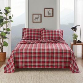 Woolrich Flannel 100% Cotton Sheet Set Warm Soft Bed Sheets with 14" Elastic Pocket, Cabin Lifestyle, Cold Season Cozy Bedding Set, Matching Pillow Case, King, Red Plaid, 4 Piece