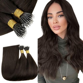 RUNATURE Nano Human Hair Extensions Dark Brown Nano Beads Hair Extensions Real Hair Brown Nano Tip Hair Extensions Human Hair Straight 22 Inch 50 Gram
