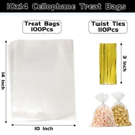 QOIUSO 100pcs Clear Gift Bags 10X14 Cellophane Treat Bags with Ties Plastic Goodie Bags Clear Cellophane Bags for Packaging Popcorn Party Favor Cookie Candy Bakery and Gift Wrapping