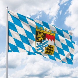 Bavaria Flag - 150 x 100 cm for Flagpole, Bavaria Flag with Crest & Diamond, Hoisting Flag Made of Tear-Resistant Flag Polyester Fabric, Weatherproof and UV-Resistant