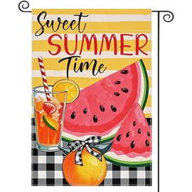 Sweet Summer Time Garden Flag Watermelon Buffalo Plaid Welcome Small Flags for Outside, Fruit Double Sided Burlap Juice Lemon Holiday Seasonal Banner Farmhouse Outdoor Yard Decoration 12x18 Inch