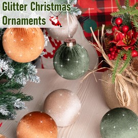 TonJin Christmas Tree Ornaments Velvet Balls 12 Pack, 3.15"/80mm Glitter Shatterproof Hanging Flocked Large Xmas Bulbs Decorations, Lightweight,3 Colors Green Brown Neutral,Holiday Party Home Decor