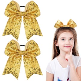 2 Packs Jumbo Cheerleading Bow 8 Inch Large Cheer Hair Bows with Ponytail Holder for Teen Girls Softball Outfit Uniform(Sequin Gold)