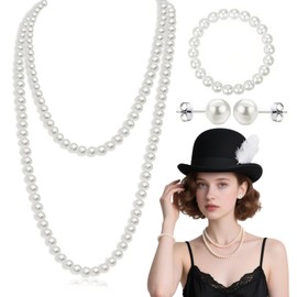 3Pcs Long Pearl Necklaces and Earring Set, 1920s Artificial White Pearl Necklace Great Gatsby Style 150cm Long Costume Jewellery for Women Pearls Beaded Necklace for Brides Wedding Party Accessories