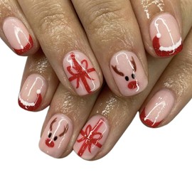 Vopintpy Cute Elk Christmas Press on Nails Short Square Fake Nails Red Santa Hat French Tip Acrylic Nails with Design Glossy Winter Xmas Glue on Nails for Women DIY Holiday Manicure