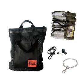 HuntEmUp Dog Training Kit - (6 pack) 3 in Plastic Dog Training Bumper - B/W with Bumper Mesh Bird Bag Dog Training Dummy Storage Bag and Whistle & Lanyard Combo and Training Chain