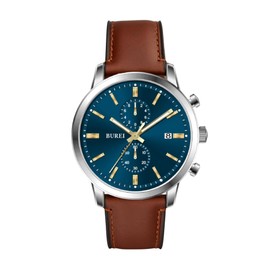 BUREI Watches Men's Chronograph Japanese Quartz Waterproof Watch Men's Leather Strap Business Casual Sport Date Watch for Men, Yellow-Brown, Classic