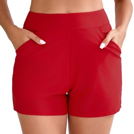 Halcurt Women's Swimming Shorts with Pockets Swimming Trunks Quick Drying Board Shorts Tummy Control Swimming Shorts Beach Bikini Shorts S-XXL, red