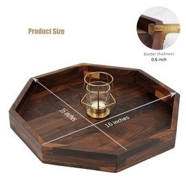 MAGIGO 16 Inches Extra Large Octagonal Black Walnut Wood Ottoman Tray with Handles, Serve Tea, Coffee Classic Wooden Decorative Serving Tray
