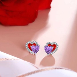 Qings February Birthstone Amethyst Stud Earrings 925 Sterling Silver Red Enamel Double Heart Purple CZ Dainty Birthdays Gifts for Girlfriend Daughter