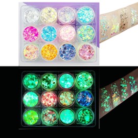 Fluorescent Sequin, Fluorescent Glitter Gel, 12 Colours, Glitter Holographic Sequin Set, Chunky Festival Glitter Gel, Glow in the Dark Face Body Glitter for Face, Body, Hair, Nails