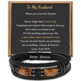 Gifts for Husband from Wife Leather Bracelets for Husband Tiger Eye Stone Anniversary Birthday Love You Forever Mens Black Layered Braided Cuff Bracelet Gift for Husband Christmas Valentine's Day Gift 8.5 Inches