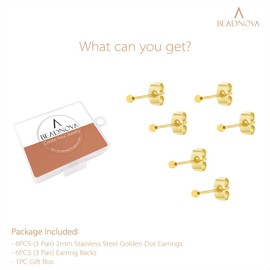 BEADNOVA Stud Earrings Tiny Flat Circle Post Earrings Gold Piercing Earrings Dot Earrings for Women Men (2mm, 3 Pairs)