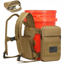 Backpack for 5 Gallon Buckets - Universal Bucket Organizer with Pocket for Hunting, Fishing, Apple Picking, Baseball & Ice Fishing, Brown