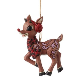 Enesco Jim Shore Rudolph The Red-Nosed Reindeer Wearing Earmuffs Hanging Ornament, 3.94 Inch, Multicolor