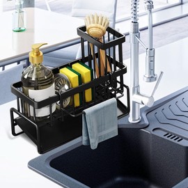 Kitchen Sink Caddy Organiser - Sink Tidy Kitchen S ink Organiser with Auto Draining Tray, Brush Holder, Stainless Steel Sponge Holder Towel Hanger with Divider for Countertop(COLOR:Black)
