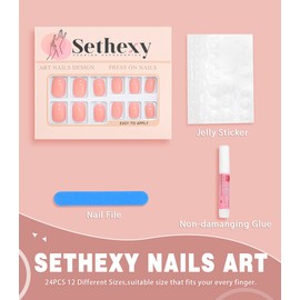 Sethexy Short Square Natural Pink False Nails Glossy Pure Color Collection Press on Nails 24Pcs Full Cover Acrylic Stick on Nails for Women and Girls