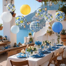 Baquler 18 Pcs Capri Lemon Paper Lantern Amalfi Coast Party Decoration Yellow Blue Tiles Hanging Lantern Mediterranean Decor for Bridal Shower Wedding Party Birthday Summer Positano Home Supplies