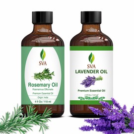 SVA ORGANICS SVA Rosemary Essential Oil 4oz and Lavender Essential Oil 4oz Bundle Super Saver Combo C Premium Grade Value Set for Hair Oiling, Scalp Massage, Hair Care, Skin Care, Body Massage and Aromatherapy