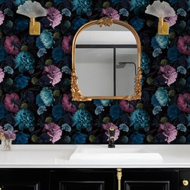 Livelynine 17.5x591" Black Floral Wallpaper Peel and Stick Moody Dark Vintage Green Blue Pink Flower Wallpaper Prepasted Bedroom Accent Wall Covering Adhesive Dark Floral Contact Paper for Cabinets