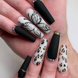 Long Butterfly Rhinestone Fake Nail Black Tip Coffin Full Cover Leopard Fake Nails for Women and Girls 24pcs French Tips Nail Tips Black False Nails