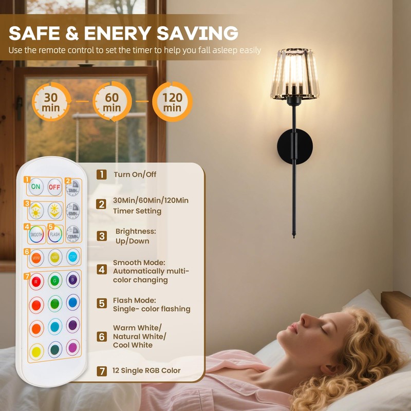 EIDISUNY Battery Operated Crystal Wall Light Set of 2, Wireless