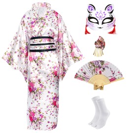 CRFASIBE Women's Long Kimono Robe, Japanese Sakura Print Kimono Dressing Gowns, Japanese Cosplay Dress Costume Set with Accessories, Pack of 5, White, Unit size