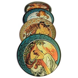 Mucha Women Ladies Paintings Glass Drink Bar Coasters Set of 4 with Storage Stand