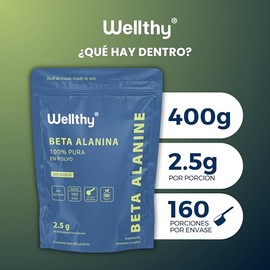 Wellthy 100 Beta Alanina 400g. Presentacin en Polvo, 2.5g por Porcin, Cuchara Medidora Includa dentro del empaque, 160 Porciones por Envase, ms de 5  