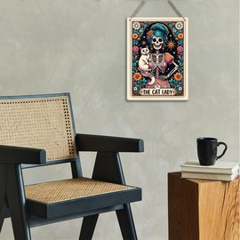 Funny Tarot Card Wall Art Decor Rustic Cat Lady Hanging Sign, Humor Cat Lover Gifts Merch Witchy Vibes Witch Stuff Wiccan Witchcraft Supplies, Farmhouse Wall Hanging Sign, Wooden Sign for Home Office
