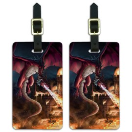 Fire Breathing Red Dragon Castle Luggage ID Tags Cards Set of 2